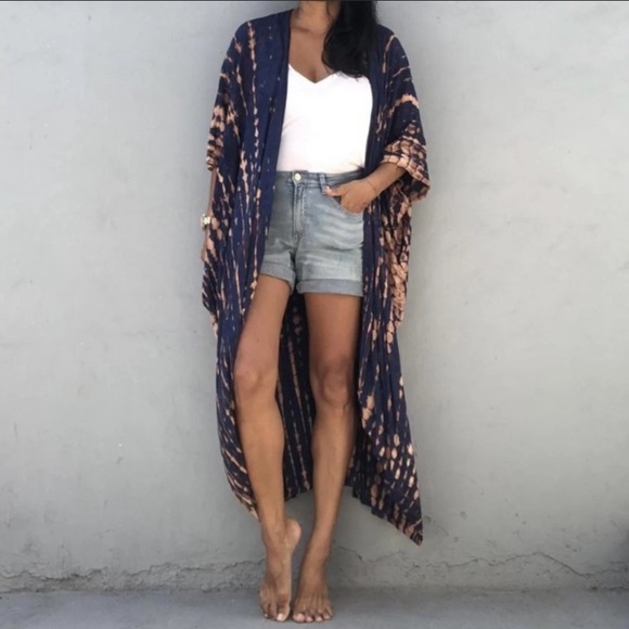 Navy Tie Dye Boho Swim Coverup Kimono Robe - Picture 8 of 8